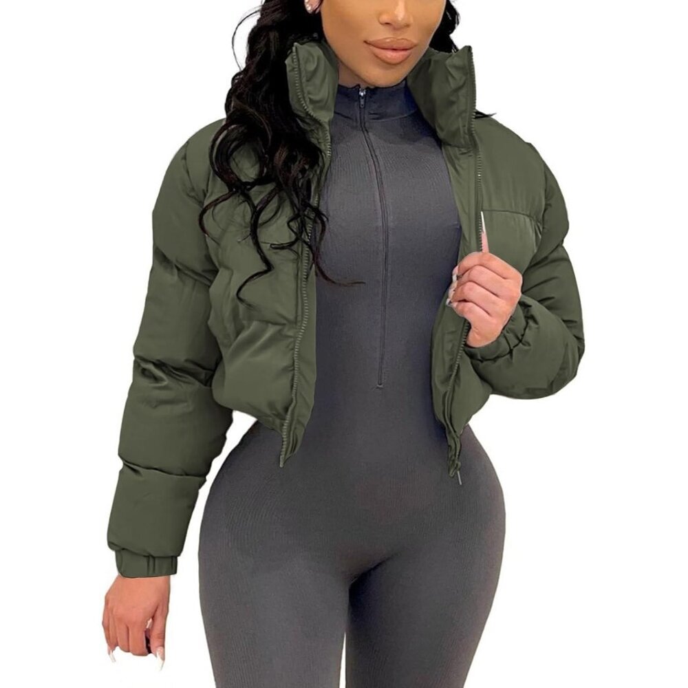 〽️Women’s Armygreen Gihuo Cropped Puffer Zip-Up Quilted Winter Bubble Jacket